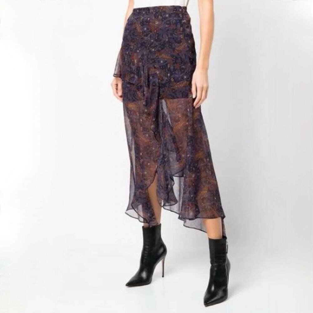 Veronica Beard Trixie Paisley Midi Skirt - 100% Silk - Ruffles - Black Multi - 2